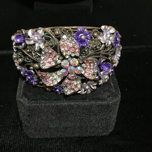 Floral Crystal Cuff Bracelet in Purple & Pink